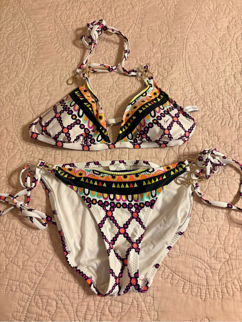 Trina Turk White Multicolor geometric Patterned Tie-Side Bikini